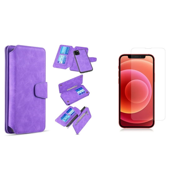 Clutch Wallet Detachable Case and Glass Screen Protector for iPhone 14 Pro - Purple