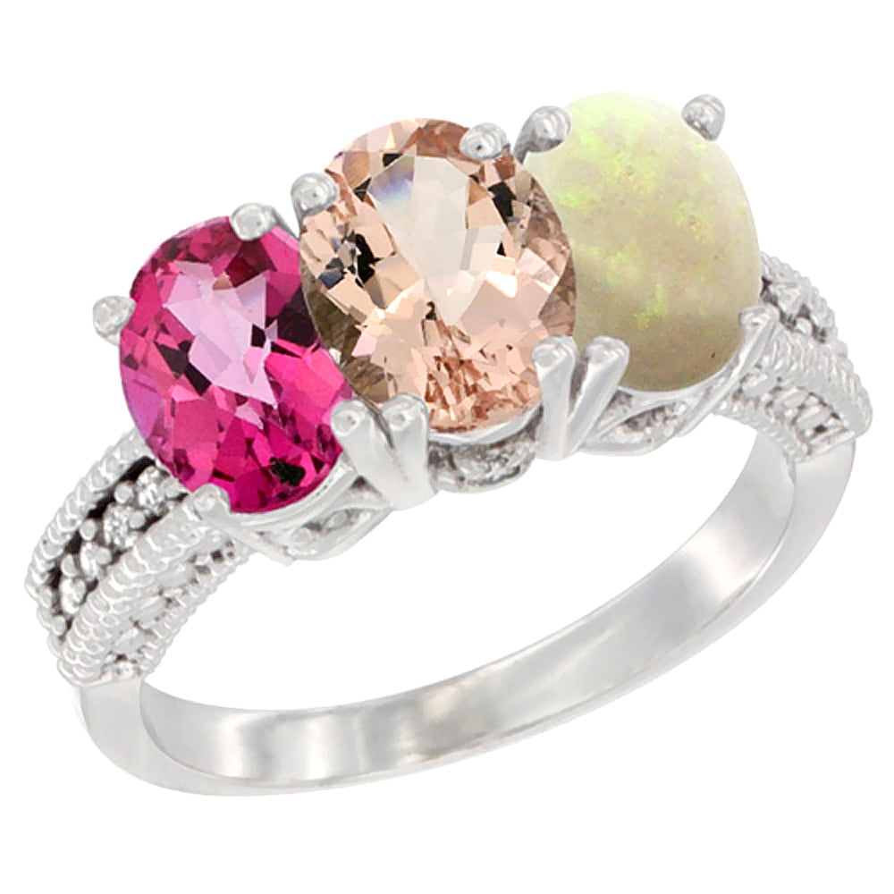 10K White Gold Natural Pink Topaz, Morganite & Opal Ring 3-Stone Oval 7x5 mm Diamond Accent, sizes 5 10 by WorldJewels