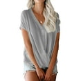 thumbnail image 3 of Women Solid Color V Neck Batwing Sleeve Cross Drape Front Buttons T-Shirt, 3 of 5