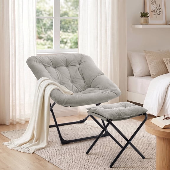 SAETSFEG Folding Saucer Chair with Ottoman, Comfy Lounge Chair for Adults, Faux Fur Moon Accent Chair for Bedroom Living Room Dorm, Lightgrey