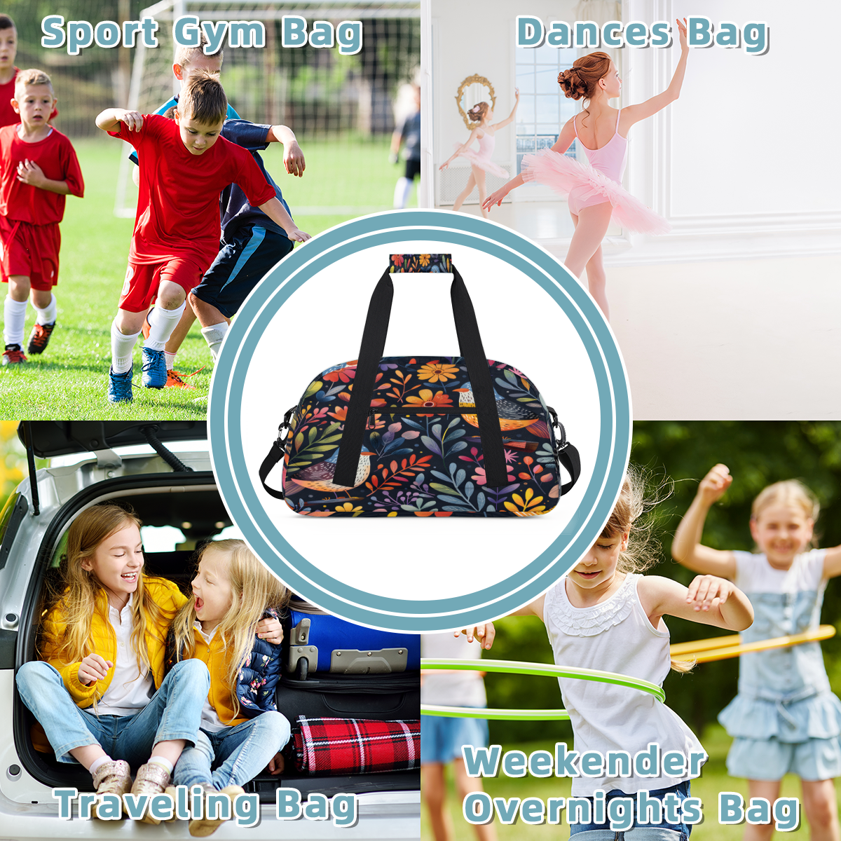 Herdesigns Floral Bird Sports Duffle Bag for Women & Men, Plant with Floral Gym Bag Dance Bag Overnight Bag Carry On Weekender Travel Bag