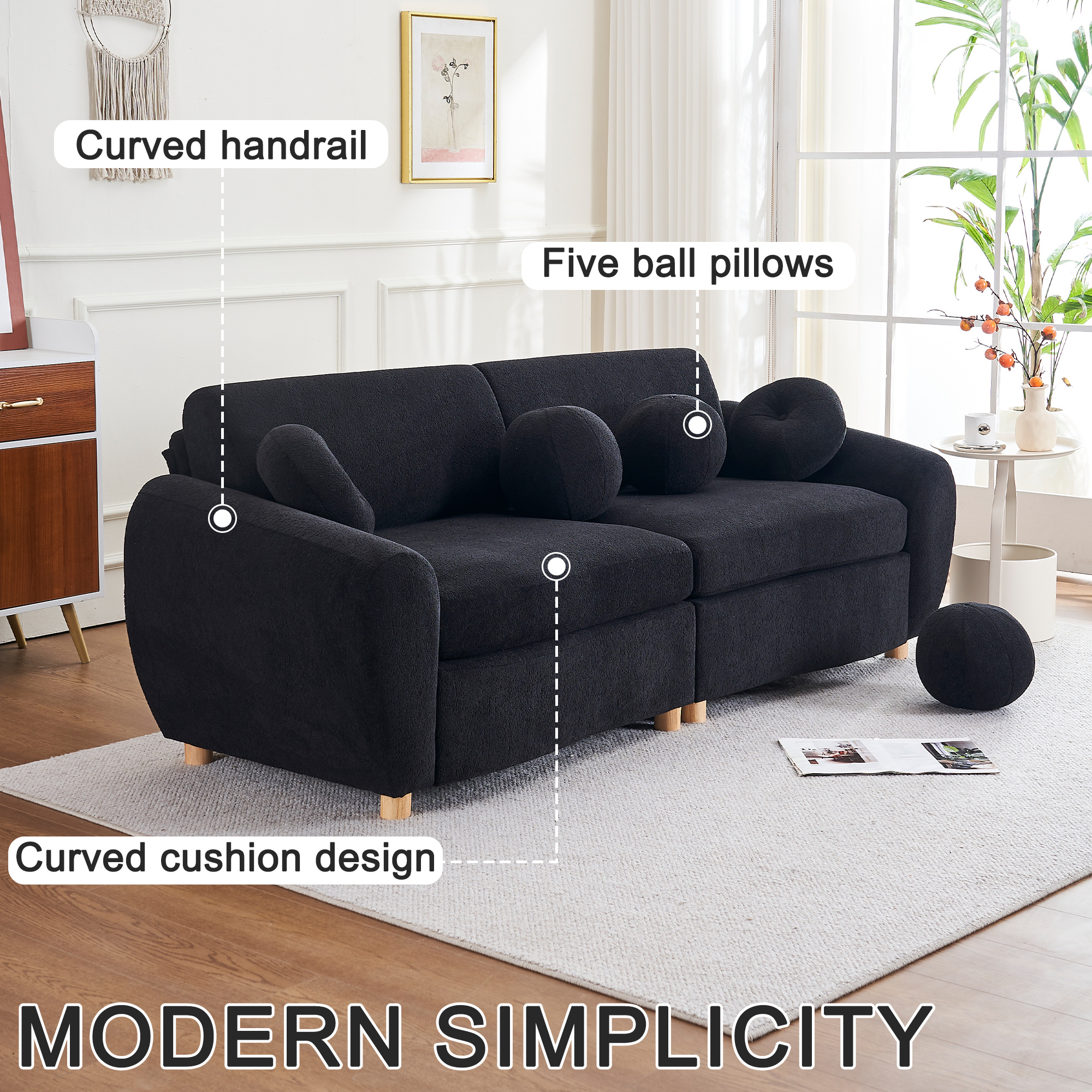 Aukfa 85" Modern Comfy Sofa, Upholstered Deep Seat Couch for Living Room, 5 Pillows, Chenille, Black