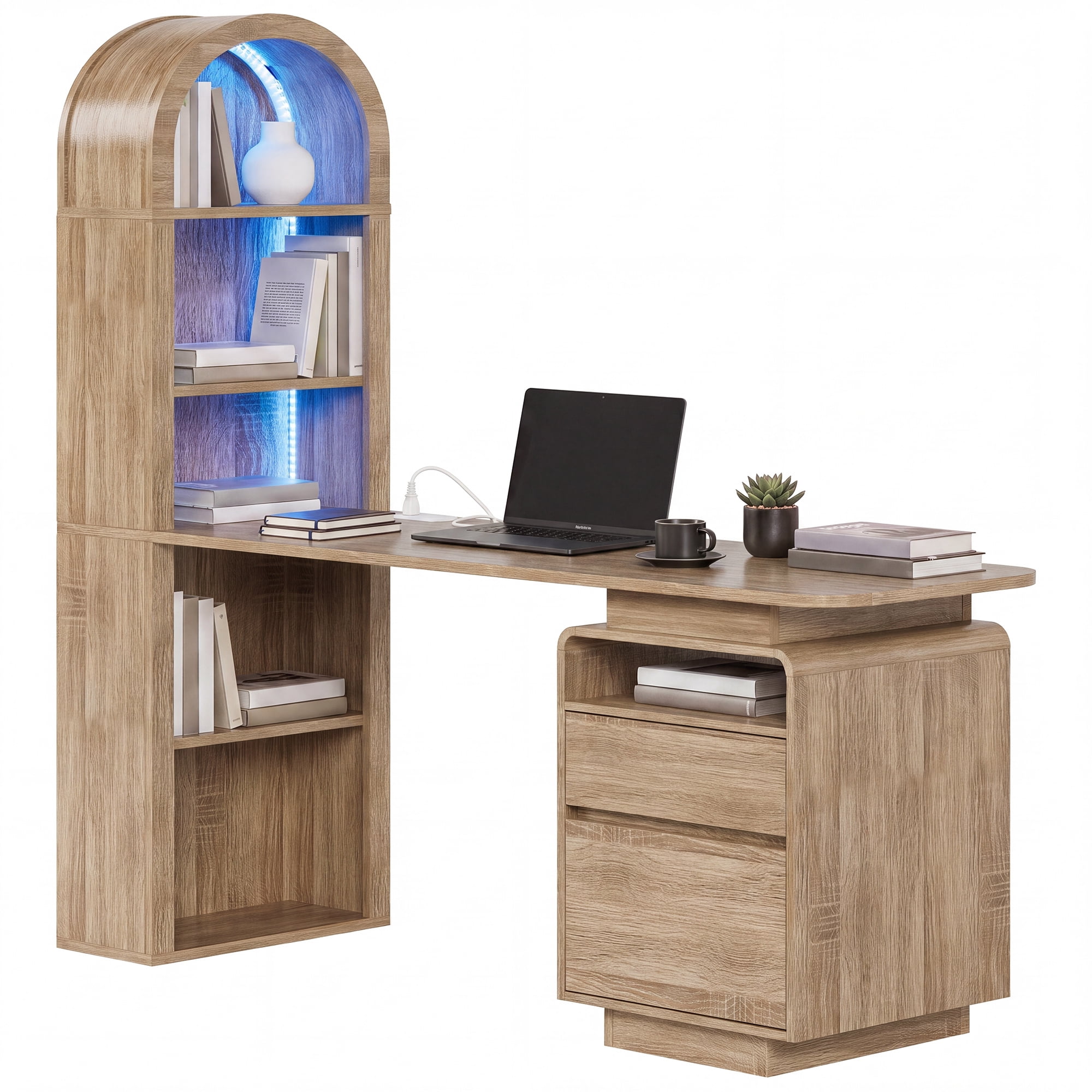 Uforic 59 Inch Modern L-Shaped Computer Desk with RGB LED Light, Built-in Charging Station for Home Office Gaming Study Room, Oak