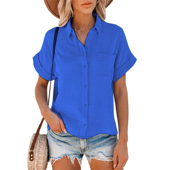Women Summer Tops Lady Lapel Collar Cotton and Linen Short Sleeve Button Shirts Office Blouse