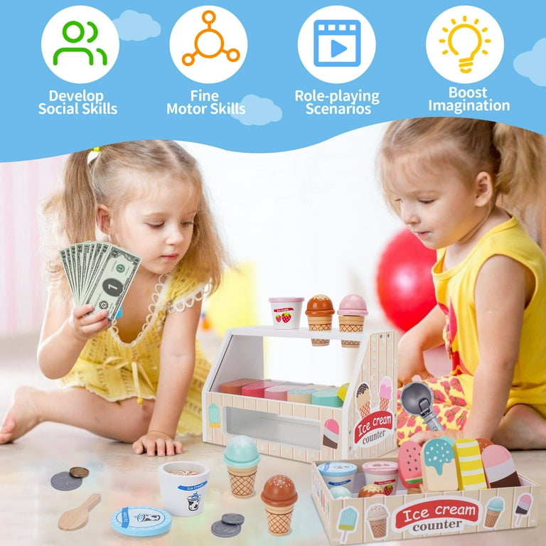 Melofaver Wooden Ice Cream Counter Playset for Kids Ages 3-8