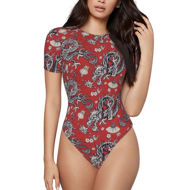Fotbe Dragons2 Body de Mujer con Cuello Redondo y Mangas Cortas, Sin Mangas Ajustado, Suave, Cómodo y Básico-Large