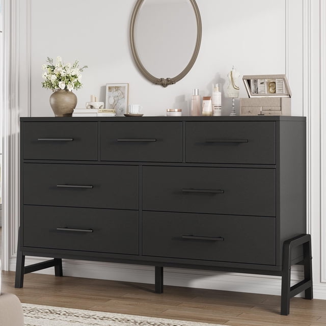 Garvee Commode à 7 Tiroirs de 52 Pouces de Large, Coffre de Rangement en Bois Autoportant, Grande Commode de Chambre avec Tiroirs pour l'Organisation du Garde-Robe, Salon, Entrée, Noir