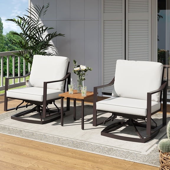 KAMEROUT 3 Pieces Swivel Glider Patio Conversation Set, Outdoor Bistro Set with Beige Cushions & Wood-Like Coffee Table for Garden Porch Backyard