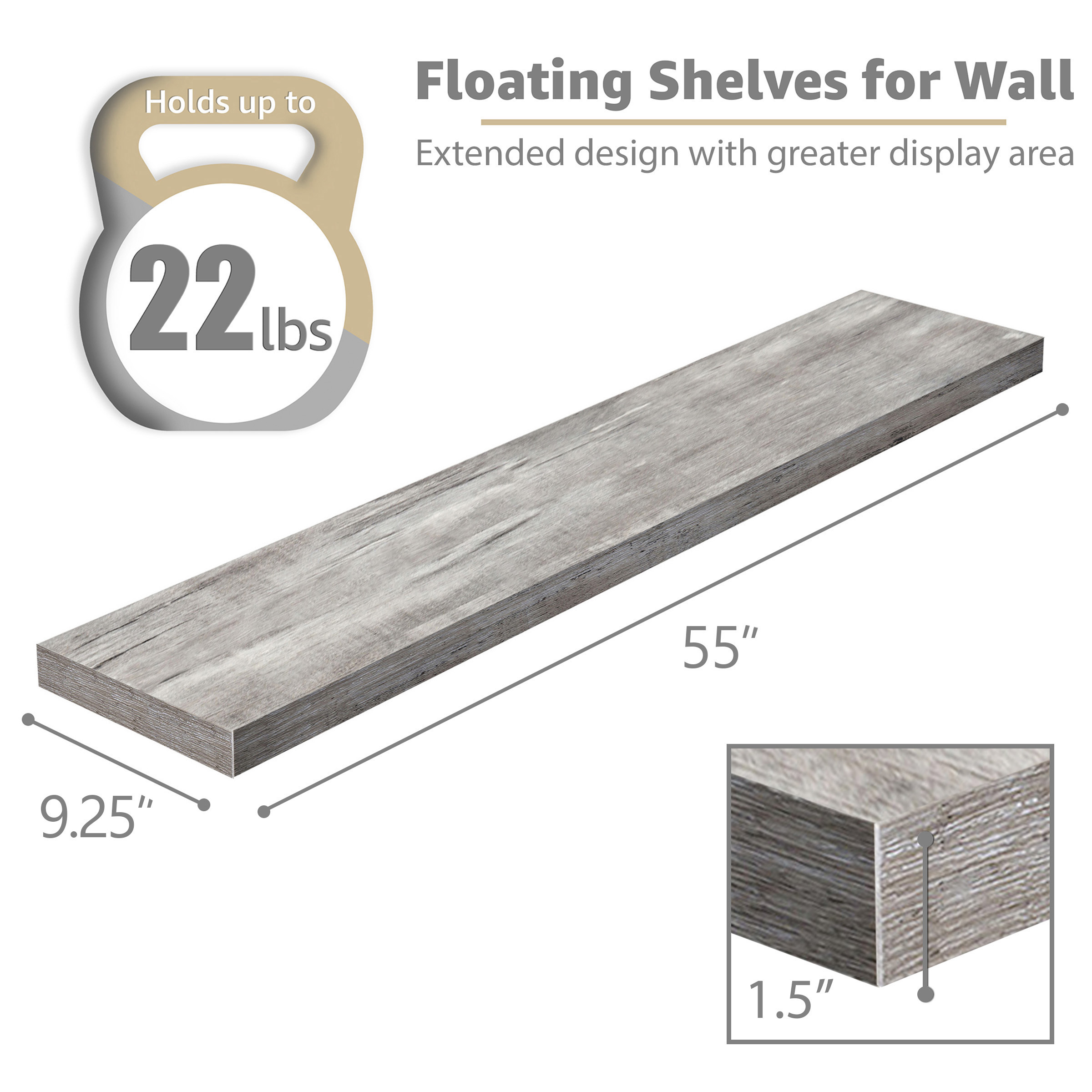Sorbus 55in Extra-Long Floating Shelves, Wall-Mounted Storage with Hidden Brackets, Gray 2-Pack