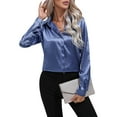 thumbnail image 2 of Satin Blouses for Women Casual Long Sleeve Button Down Shirts Dressy Business Work Tunic Top Blue L, 2 of 9