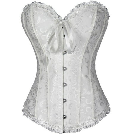CHCNHAC White Corset Lingerie for Women Floral Trim Corset Lingerie Sexy Satin Lace Up Shapewear Bodysuit Plus Size Boned Cosplay Outfits M