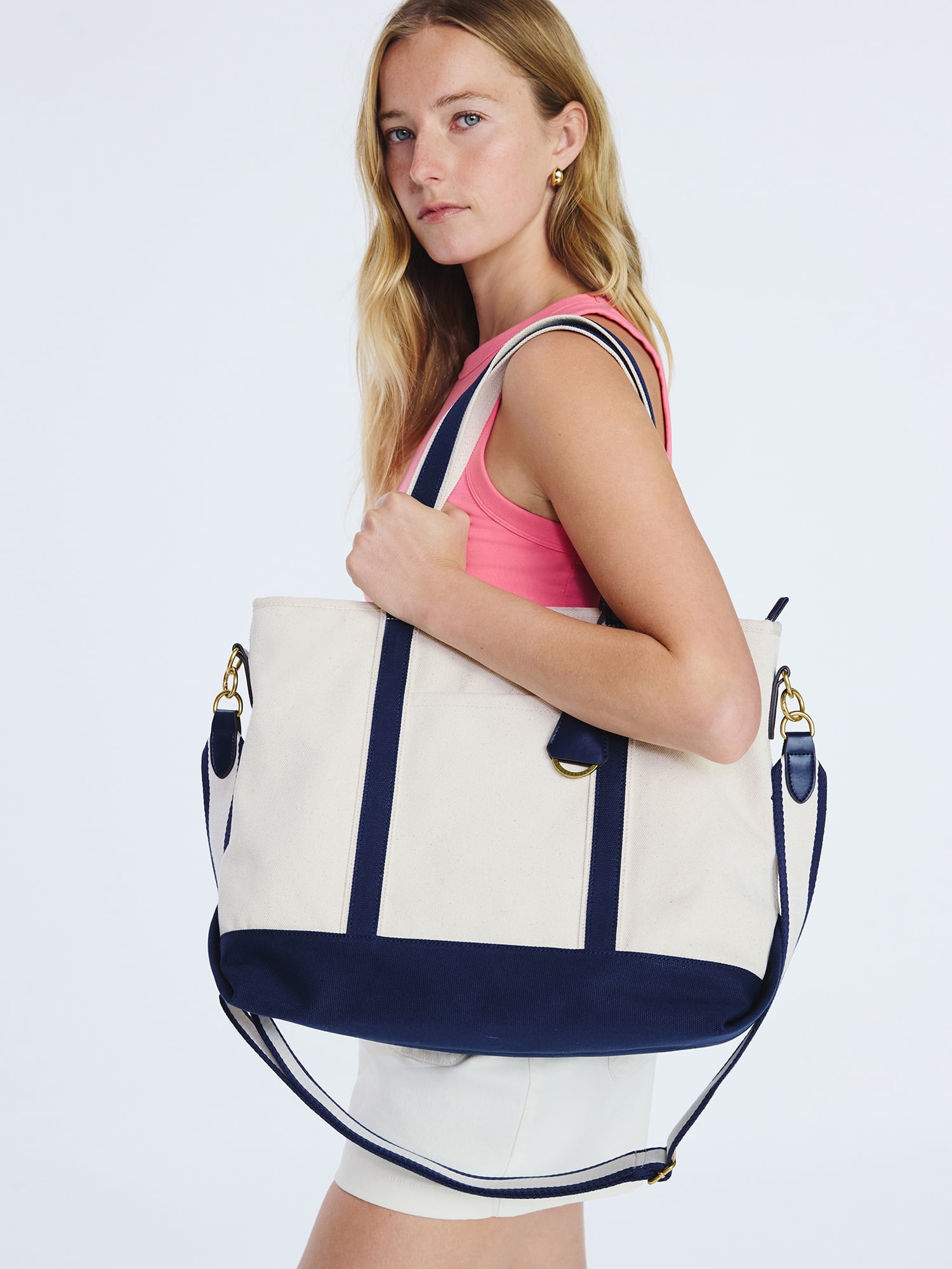 Free Assembly Women's Medium Canvas Tote, Natural/Navy