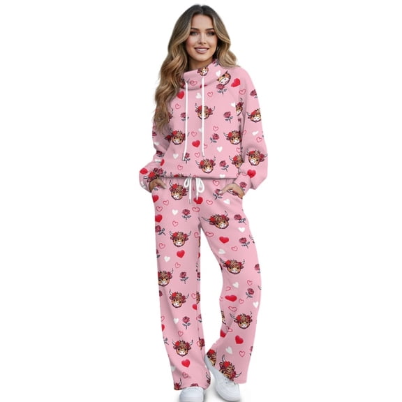 SCRAWLGOD Valentine's Day Decor Highland Cow Floral Heart Pink Women 2 Piece Lounge Sets Turtleneck Pullover Sweatsuit Fall Outfits Matching Wide Leg Sweatpants Set Casual Tracksuit, XS