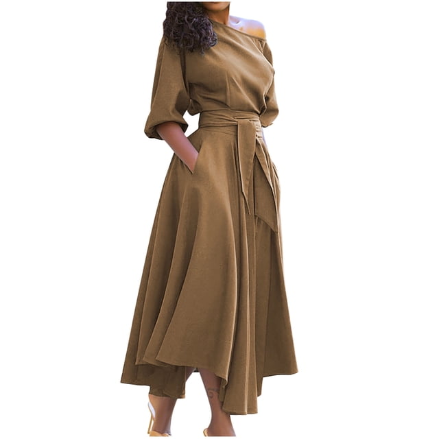 Vestido largo sin hombros de verano para mujer: dobladillo irregular con cinturón, corte en A para ocasiones sexys o informales