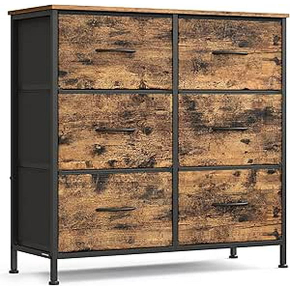 SONGMICS Dresser for Bedroom, Chest of Drawers, Steel, MDF, 6 Non-Woven Fabric Drawers, Storage Organizer Unit, Closet, Entryway, Rustic Brown and Ink Black