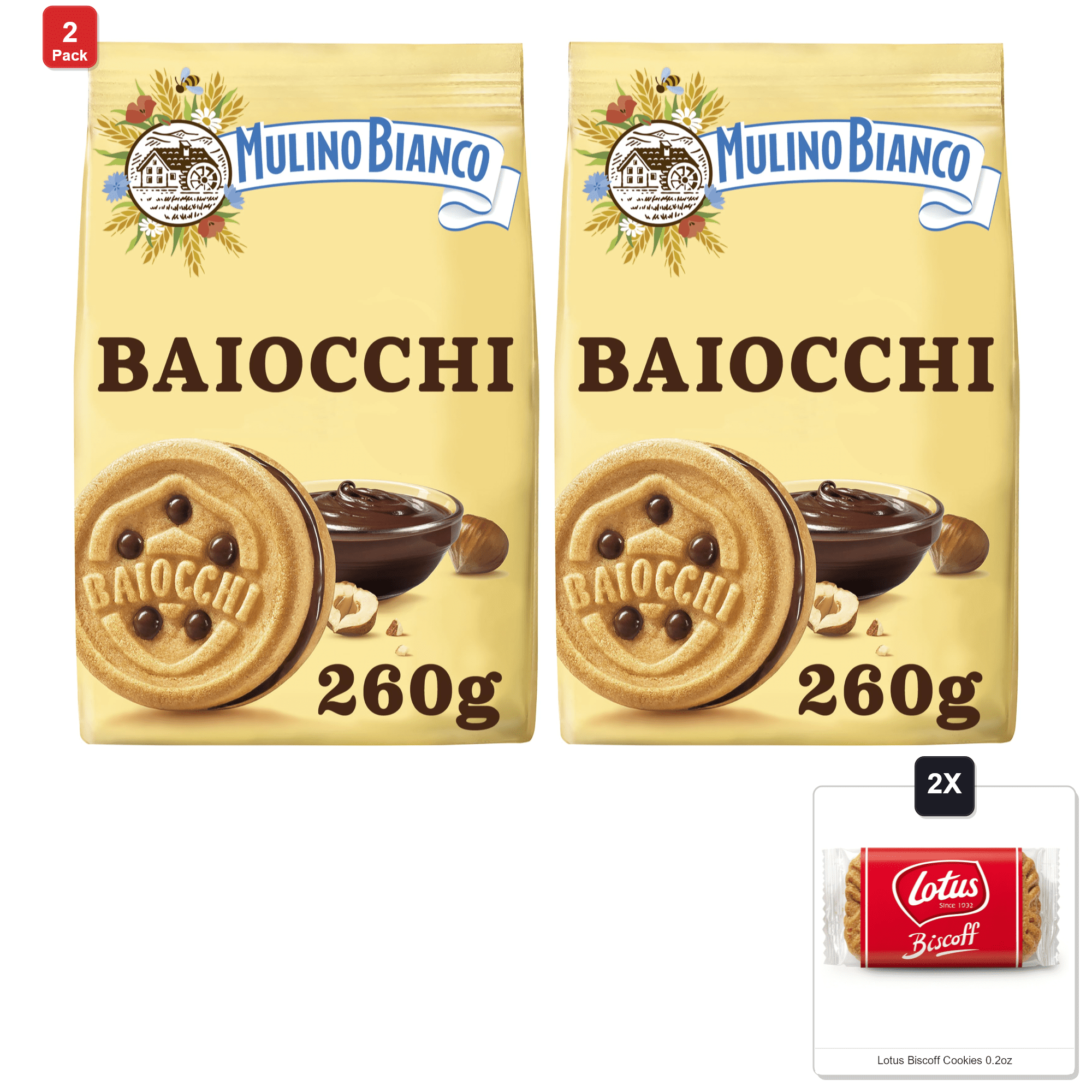 2 Pack | Mulino Bianco:"I Baiocchi" Cookies With Cream Hazelnut And Cocoa - 9.17 Oz (260G) [ Italian Import ] & 2x Lotus Biscoff Cookies 0.2oz