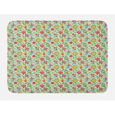 Dutch Bath Mat, Floral Arrangement with Colorful Doodle Blooming Tulips on Pale Green Background, Non-Slip Plush Mat Bathroom Kitchen Laundry Room Decor, 29.5 X 17.5 Inches, Multicolor, Ambesonne