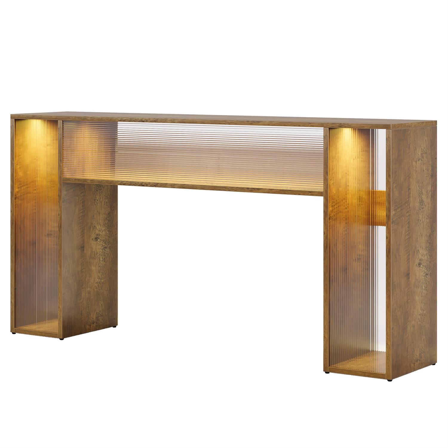 Demi Bonn LED-Lit Console Table, Wooden & Ribbed Glass Entryway Table, Stylish Hall Display for Living Room, Brown