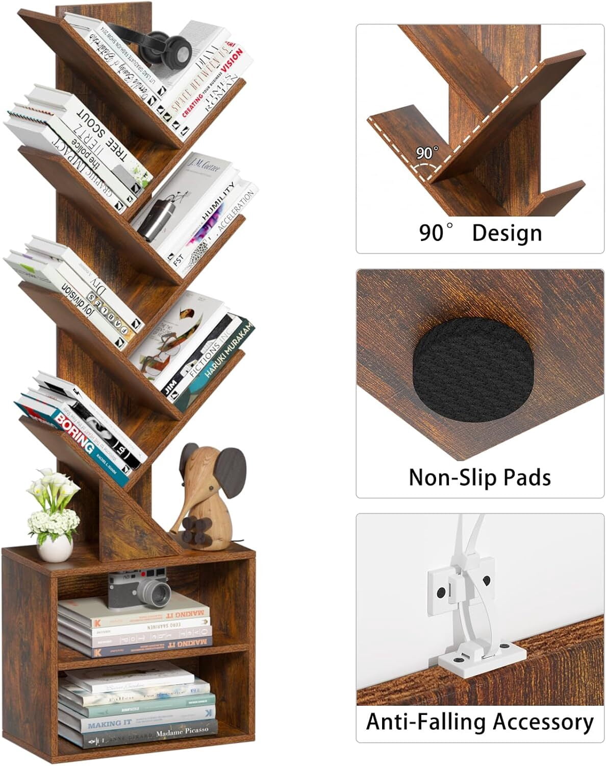 LELELINKY 7-Tier Wooden Bookcase with 2 Shelves, Free Standing Tree Bookshelf for Home Office, Rustic Brown