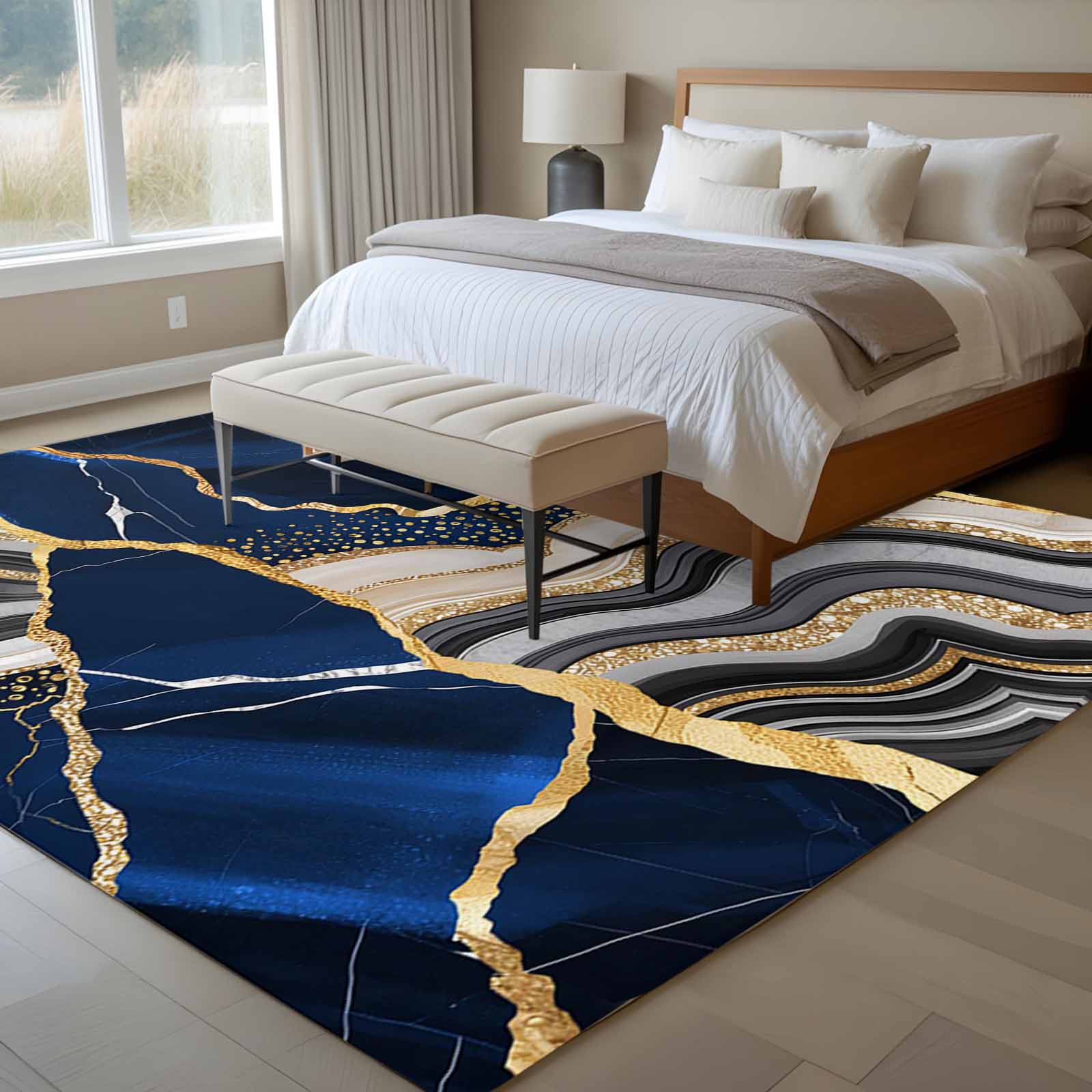 6'x9' Area Rugs, Blue Marble Indoor Outdoor Area Rug for Living Room Bedroom, Grey Gold Texture Vintage Farmhouse Art Washable Bathroom Rugs Kitchen Floor Carpet Mats Home Decor Aesthetic