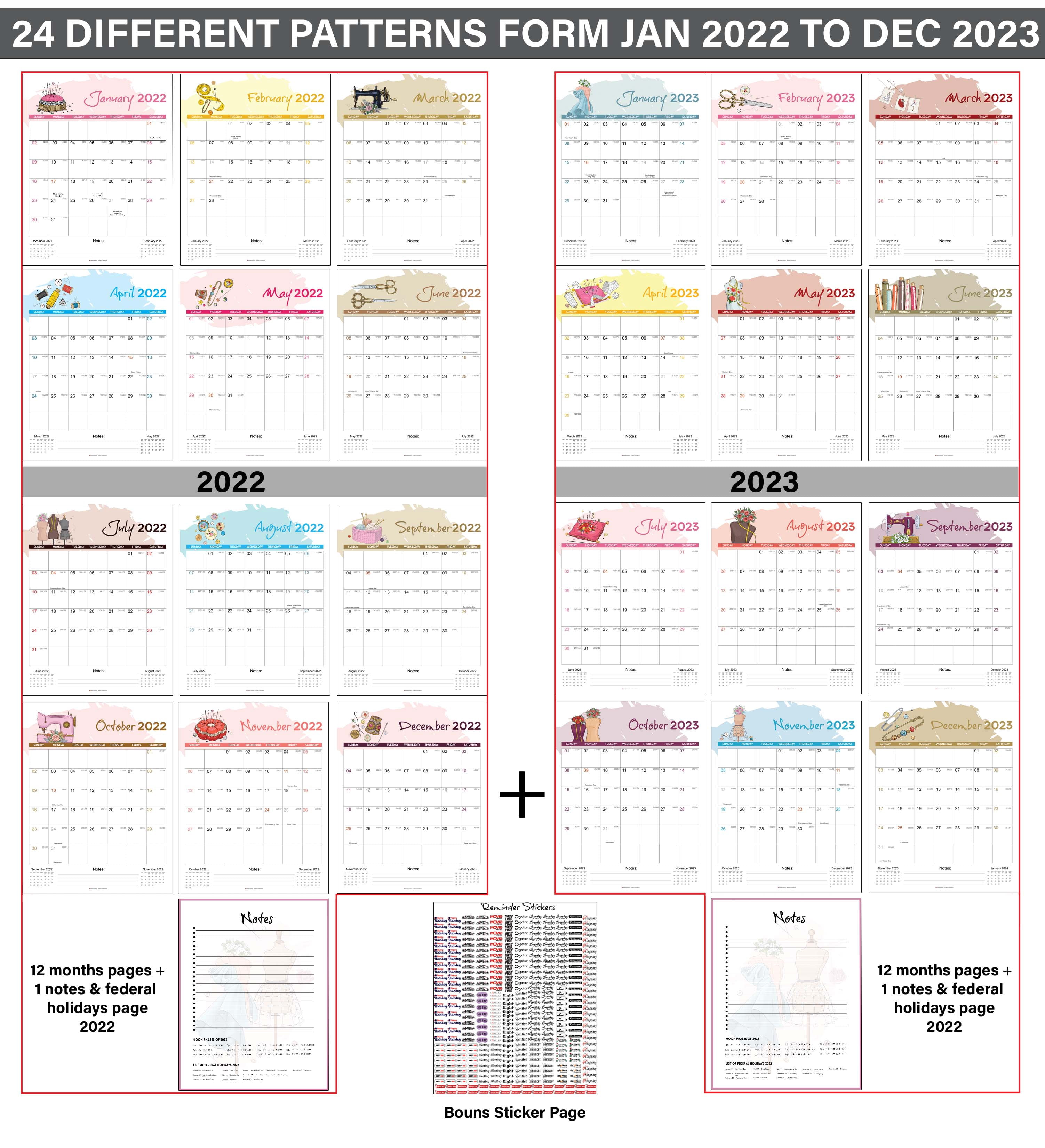 Inkdotpot16"x12.5"WallCalendar- Runs until December 2023Hanging Spiral Bound MonthlyCalendar2022-2023 for Home or Office+ Bonus Sticker Sheet -Fashion