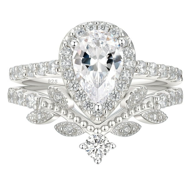 Newshe Wedding Ring Set for Women Vintage 925 Sterling Silver Pear Shaped Cz Bridal Set Size 5