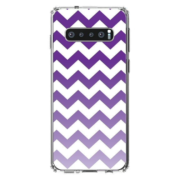 DistinctInk Clear Shockproof Hybrid Case for Samsung Galaxy S10 (6.1" Screen) - TPU Bumper, Acrylic Back, Tempered Glass Screen Protector - White Purple Fade Ombré Stripes