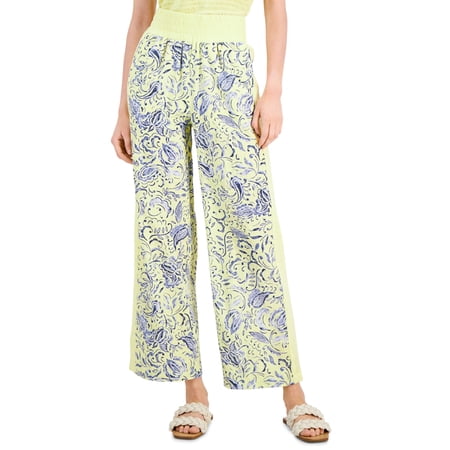 INC International Concepts Textured Colorblocked Mid Rise Wide Leg Pants Katia Garden L