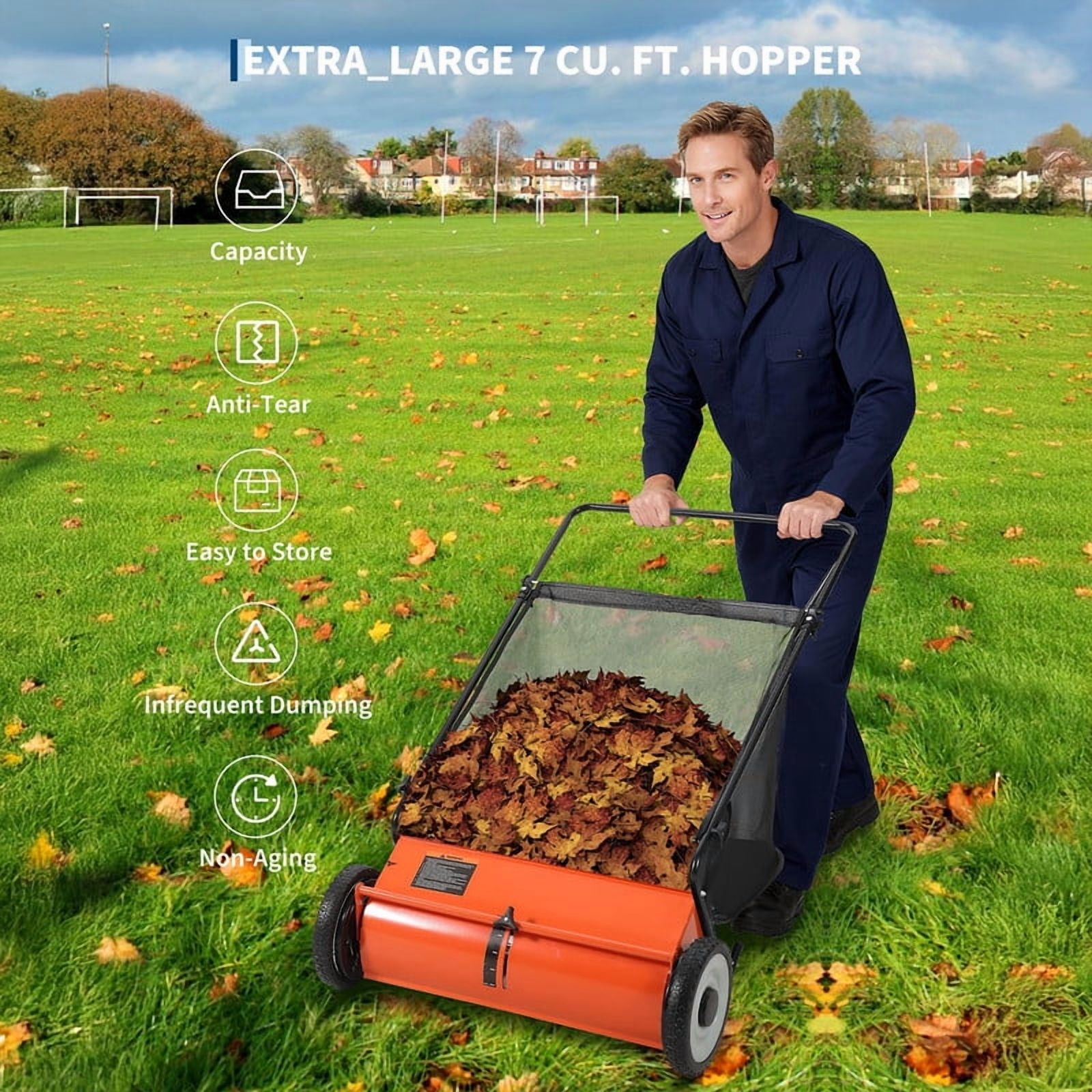 26" Heavy-Duty Push Lawn Sweeper - 4 Spinning Brushes, 7Ft³ Large Capacity Collection Bag, Adjustable Height for Grass, Leaves & Debris, Orange