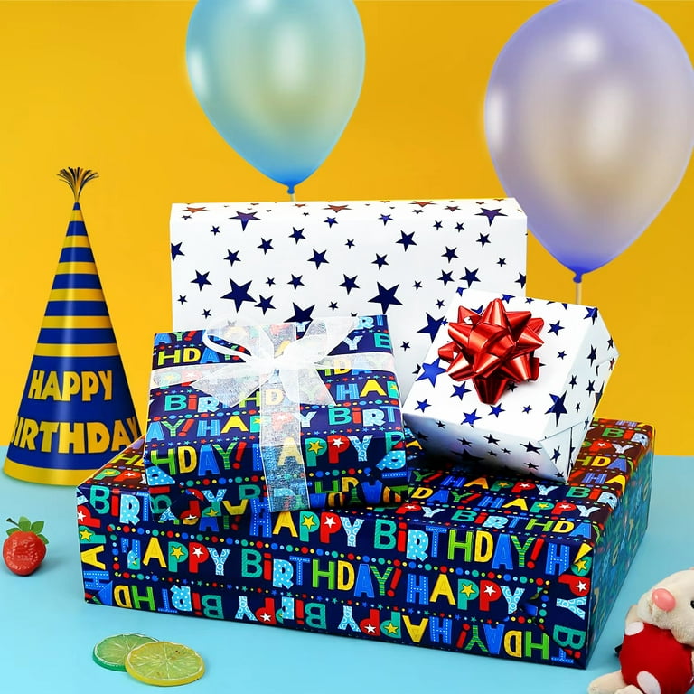 Reversible Happy Birthday Wrapping Paper Roll for Kids Boys Girls - Birthday