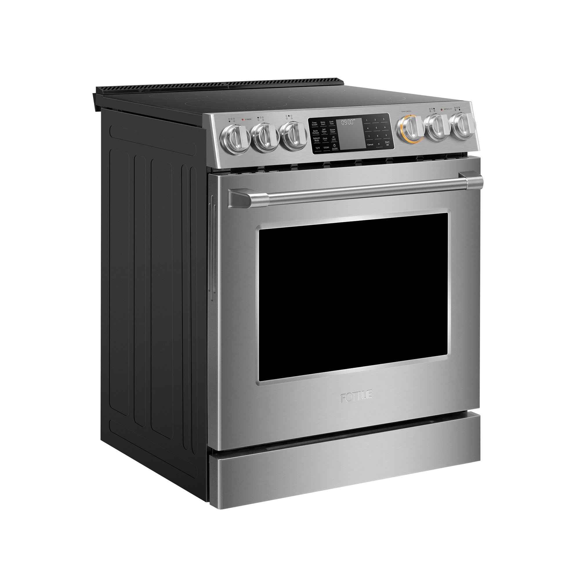 FOTILE 30-in Glass Top 5 burners 5.7-cu ft Air Fry Convection Oven Slide-In Electric Range ( Stainless Steel )