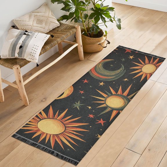Yayeee Runner Rug for Bedroom 2'x6' Machine Washable Hallway Non Slip Mat, Sun Moon and Stars Pattern