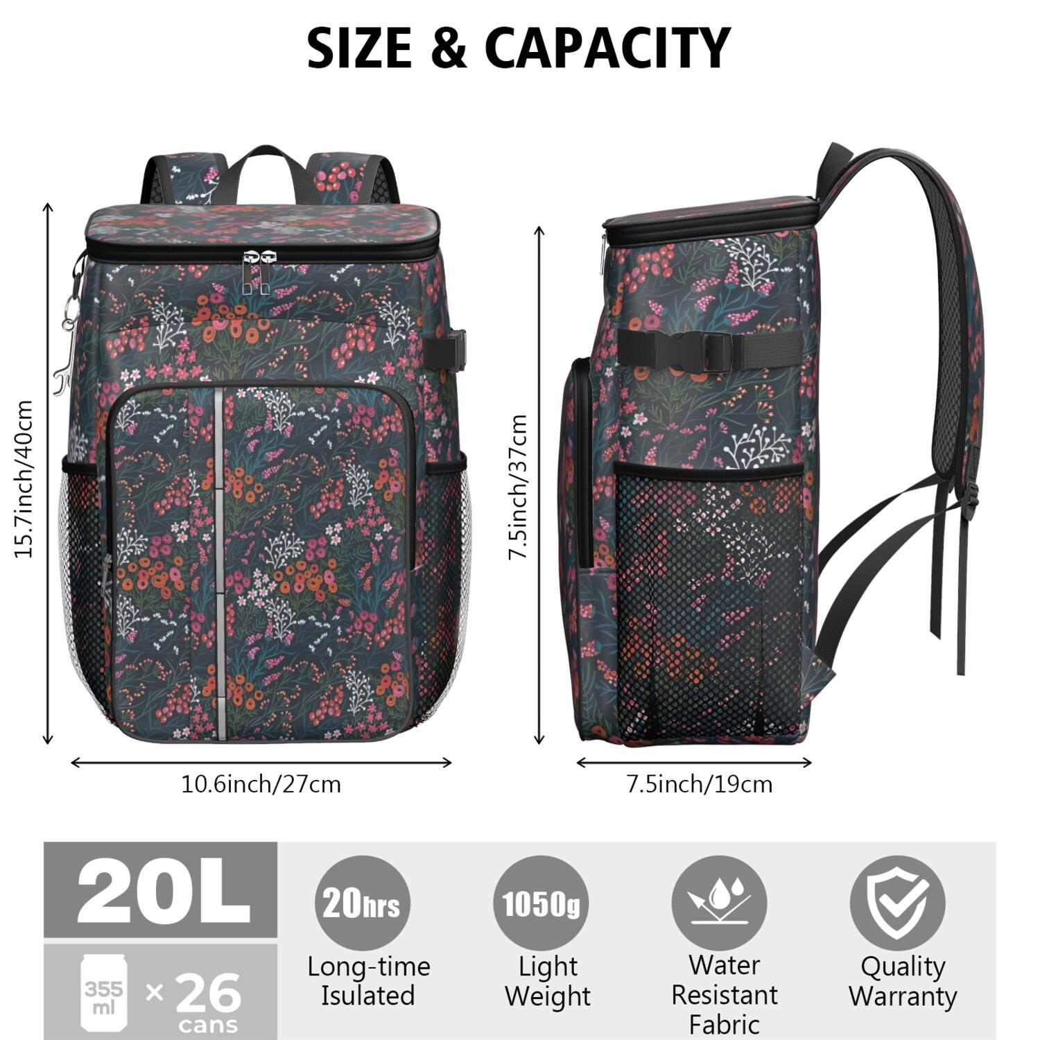 Travel Cooler Bag - Pioneer Flower Floral Print Pattern Camping Beer Cooler Backpack with Bottle Opener- Waterproof Insulated Picnic Backpacks - Cooler Bag for Beach