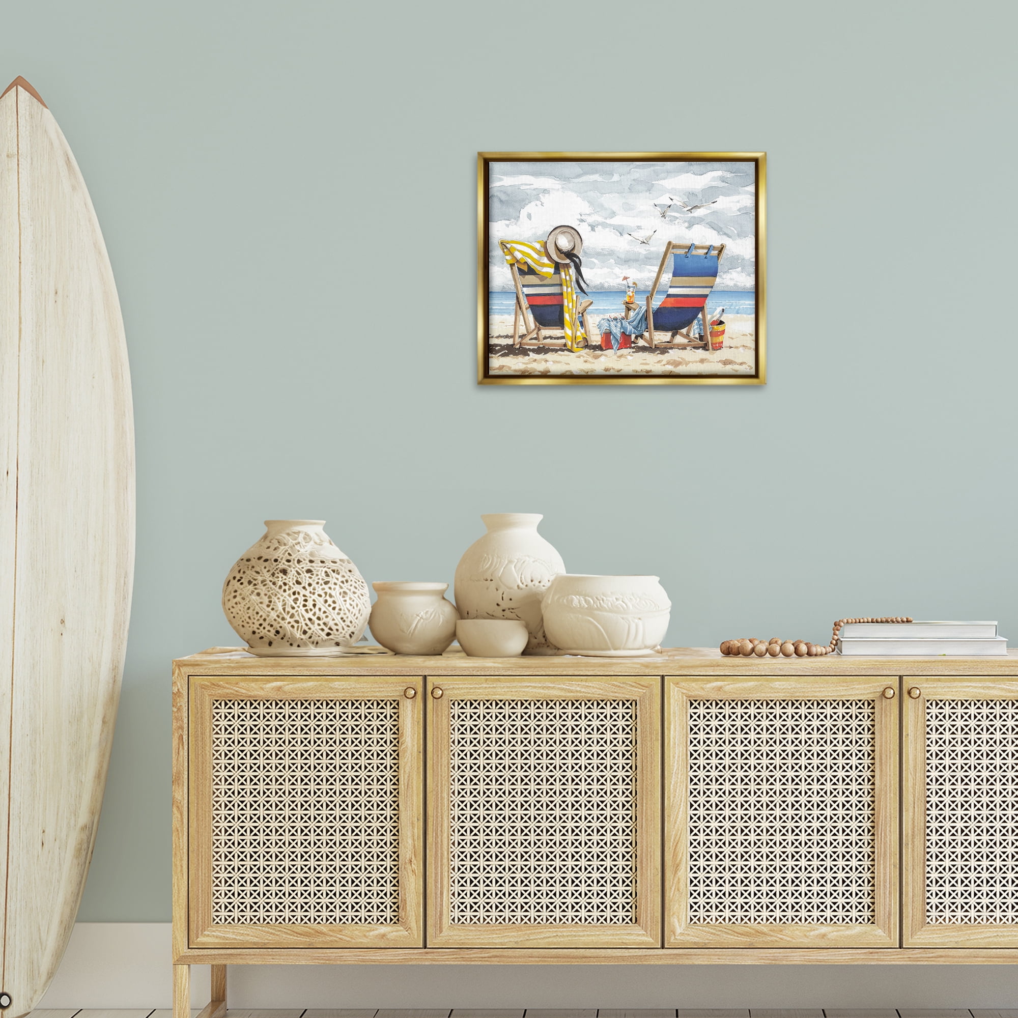 Stupell Industries Peaceful Beach Chairs Hangout Landscape & Nature Painting Gold Floater Framed Canvas Art Print Wall Art, 21 x 17
