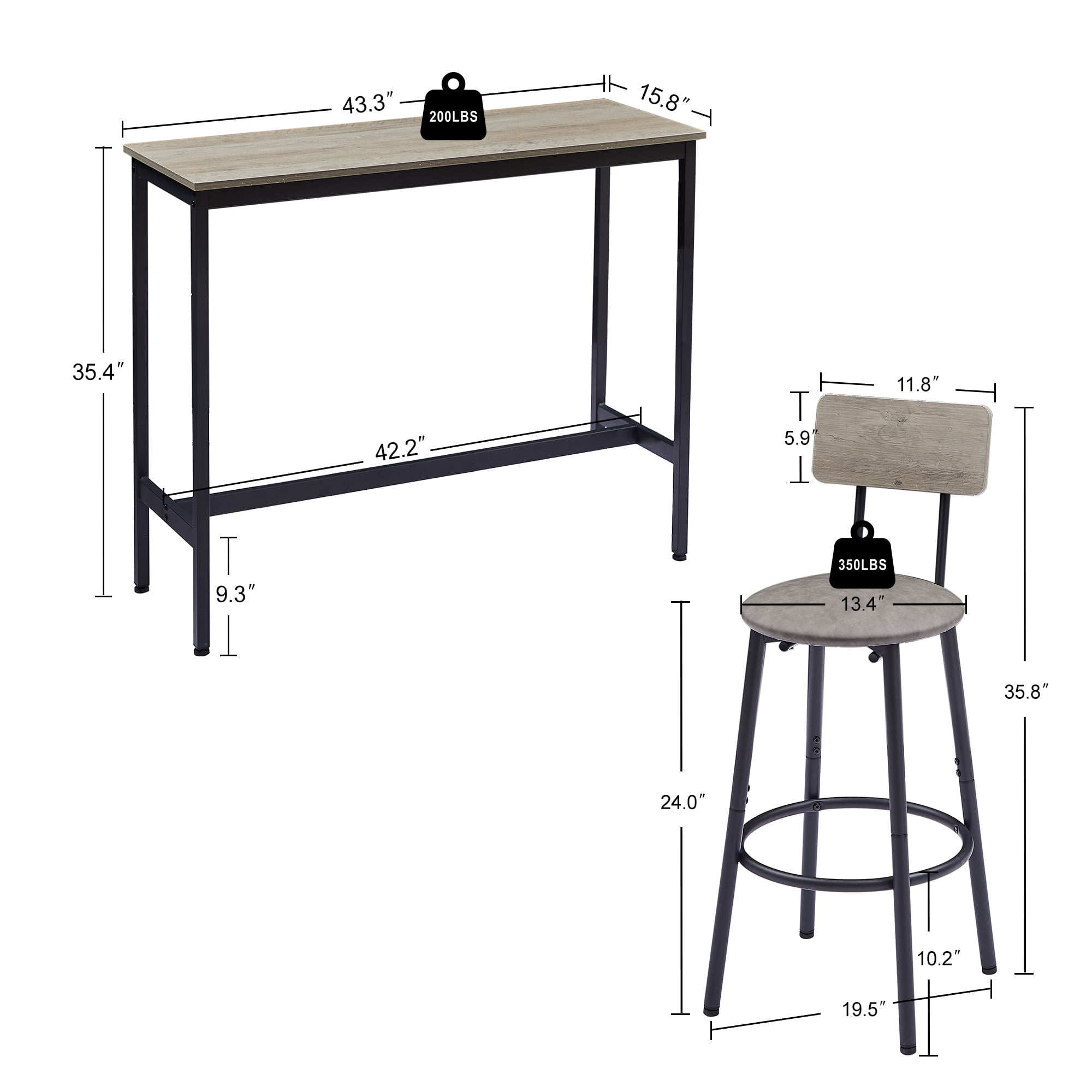 3 Pcs Bar Dining Table Set, Minimalist Style Bar Table With 2 Bar Stools PU Soft seat with Backrest Footrest for Dining Room, Kitchen,Grey,43.31"L x 15.75"W x 35.43"H