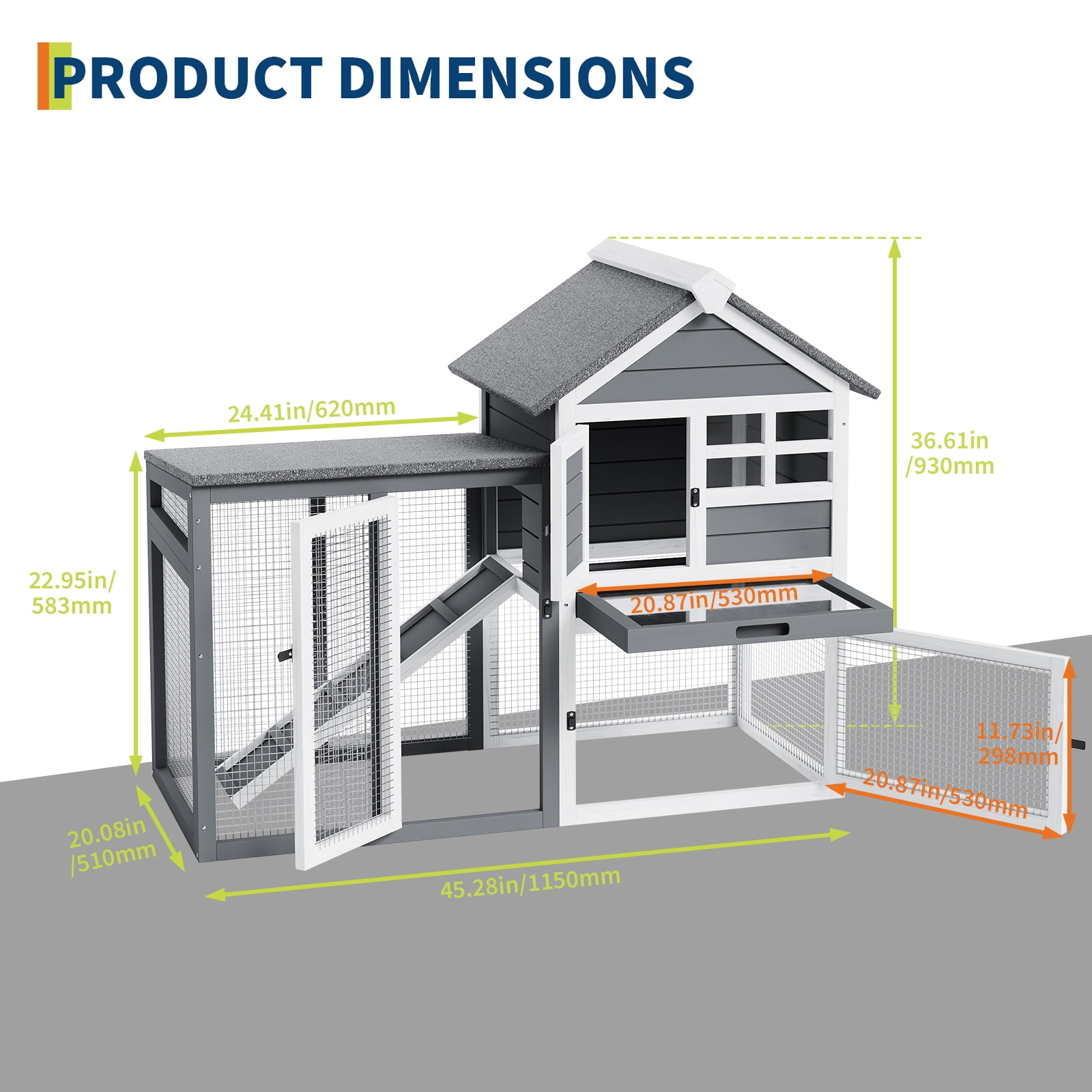 2-Story Rabbit Hutch Chicken Coop Outdoor with Waterproof Roof & Running Cage Large Bunny Cage with Ramp & Pull Out Tray