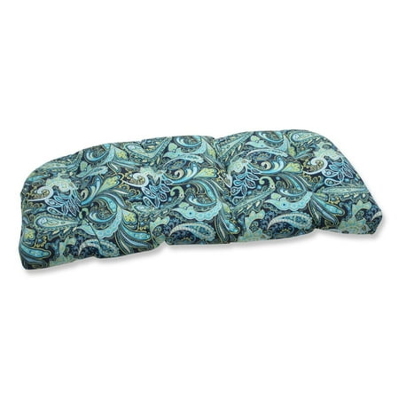 44" Sogno Paisley Blue, Green and White Outdoor Patio Tufted Wicker Loveseat Cushion