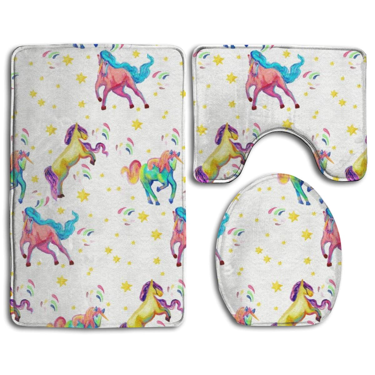 PUDMAD Full Color Unicorns 3 Piece Bathroom Rugs Set Bath Rug Contour