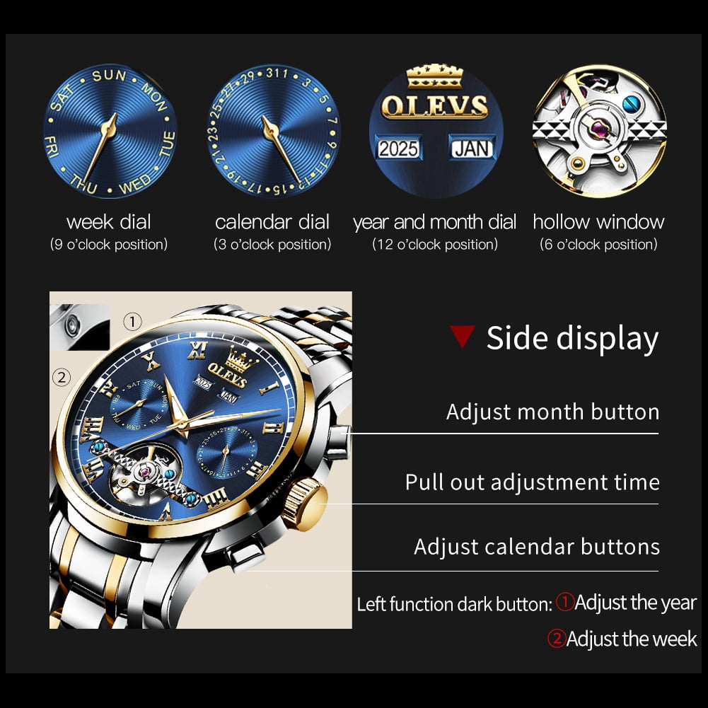 OLEVS Automatic Watches for Mens Self-Winding Mechanical Chronograph Classic Fashion Business Tourbillon Skeleton Stainless Steel Waterproof Luminous Mens Wrist Watches Reloj Para Hombre