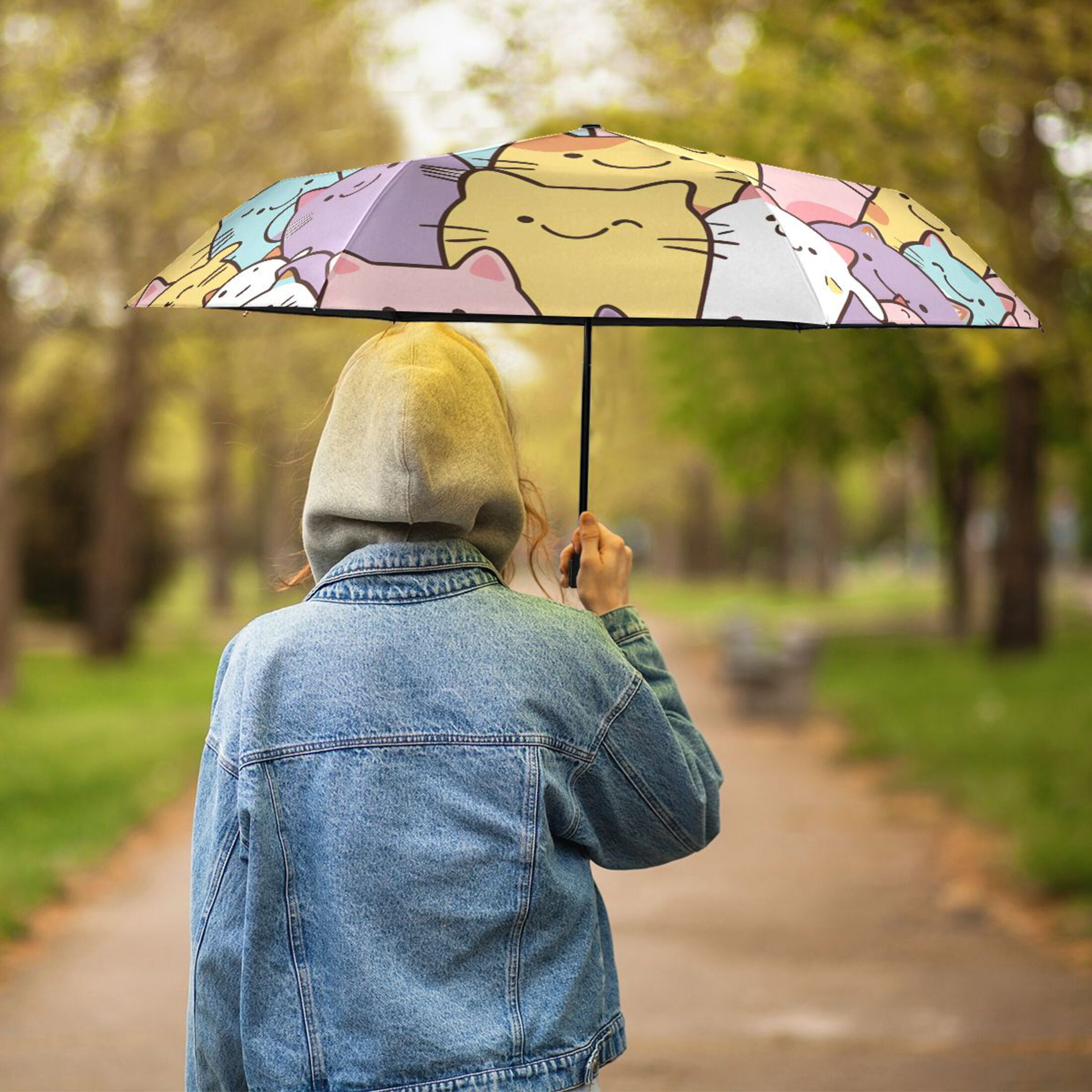 Cute Cartoon Cat Faces All Weather Umbrella Triple Folding Parasol 6 Ribs UV Protection Portable