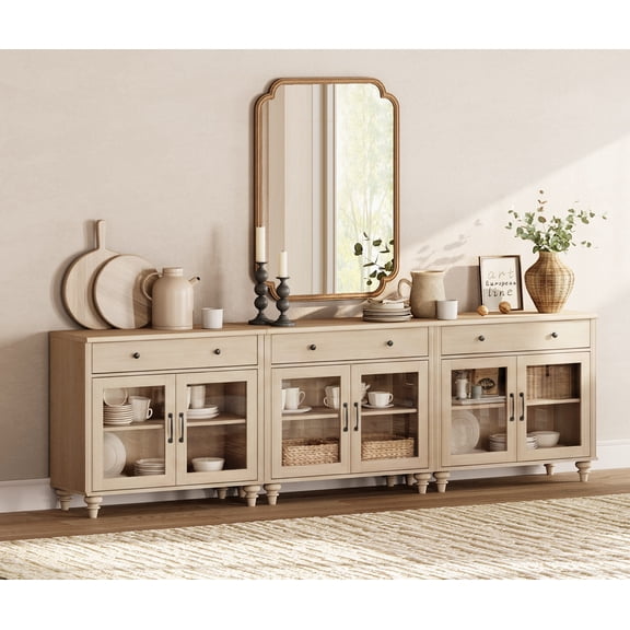 101" Beige Glass Door Buffet Cabinet with Drawer, Farmhouse Sideboard with Storage