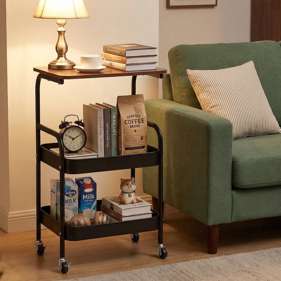 3 Tier Side Table, Metal Rolling Utility Cart Organizer with Wood Table Top, End Table for Home, Kitchen, Bathroom, Living Room, Office