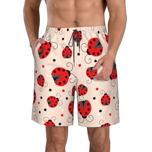 Balery Red Ladybug Traje de Baño Estilo Hawaiano para Hombre, Shorts de Secado Rápido con Bolsillos-X-Large