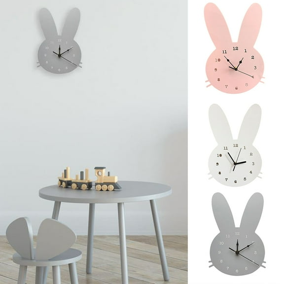 Naierhg Nordic Cute Rabbit Wooden Mute Wall Clock Bedroom Kids Room Home Decoration White