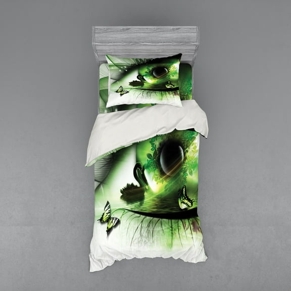 Ambesonne Abstract Bedding Set 3 Pcs, Abstract Swan Animal, Twin, Green Black White