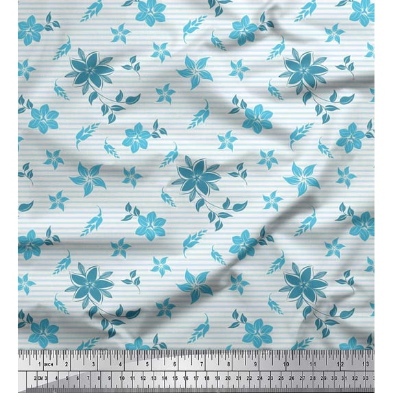 Soimoi Poly Georgette Fabric Stripe,Leaves & Plumeria Floral Print Fabric by the Yard 52 Inch Wide
