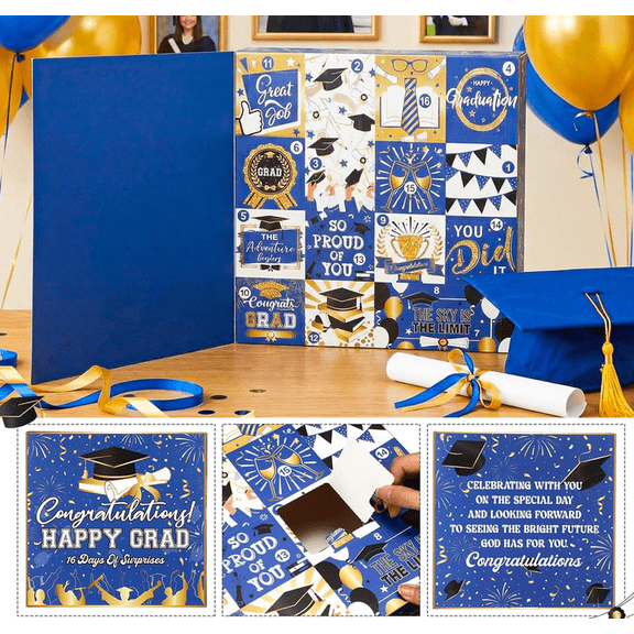 Graduation Countdown Gift Box 16 Days Fillable Paper Gift Packaging Large Inner Boxes Empty DIY Graduation Present Calendar for Graduates Her Him High School College Blue