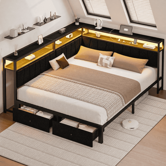 Full Corner Bed Frame with Storage Drawers, LED Lights and Charging Station, Modern Full Size Bed Frame Metal Platform with Linen Upholstered Guardrail, Dorm Bedroom Daybed for Teen Adult, Black