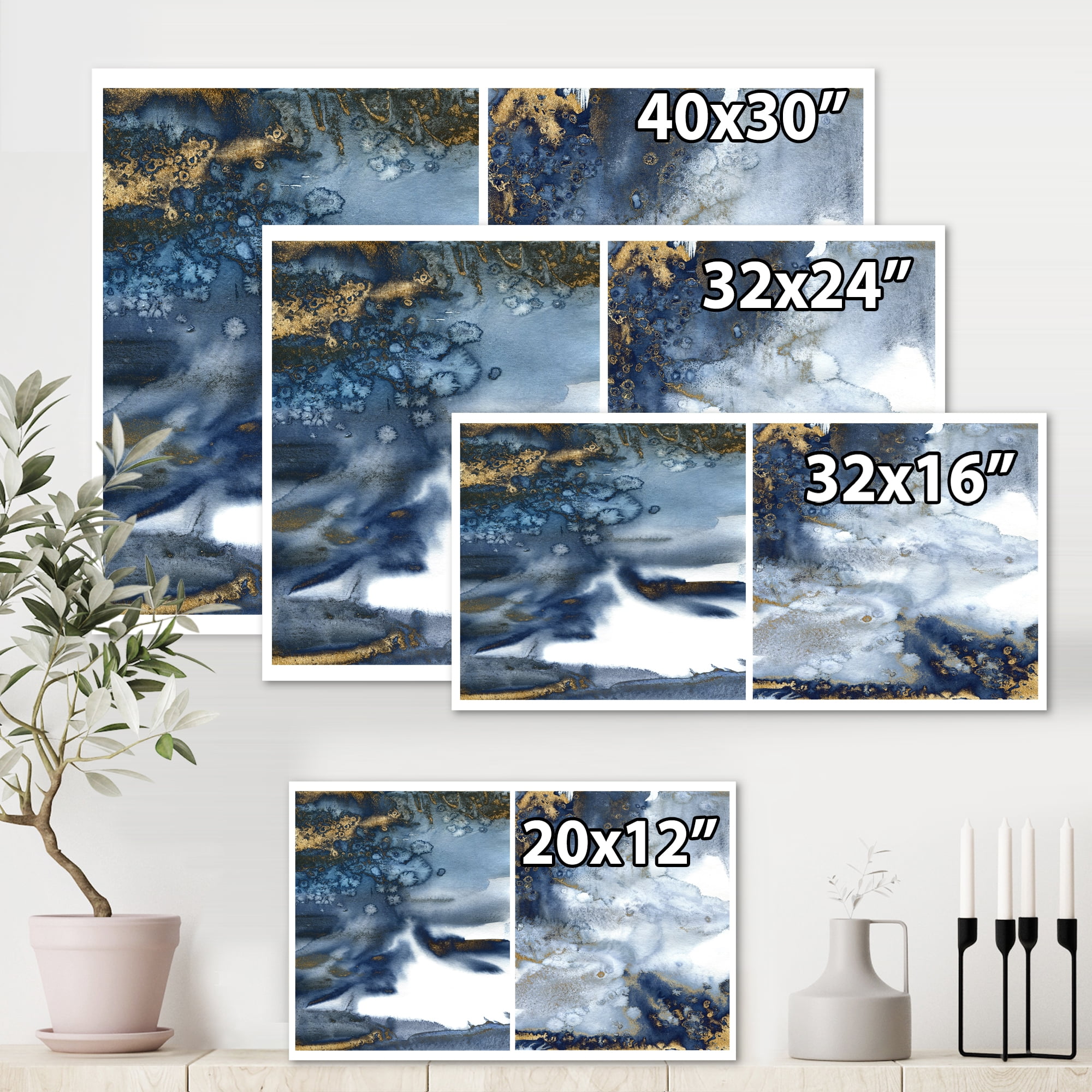 Designart ' Gold and Dark Blue Abstract Waves IV ' Modern Canvas Wall Art Print