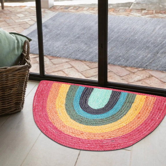 Mohil Decor Hand Woven Jute Braided Rug, 15x24 Inches - Natural, Reversible Farmhouse Accent Rugs for Living Room, Kitchen, Bedroom - 15x24 Inches (Rainbow)